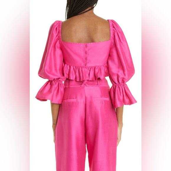 ALEMAIS Pink Ruffle Blouson 3/4 Sleeve Blaire Peplum Crop Top Fuchsia 2 - Picture 8 of 10